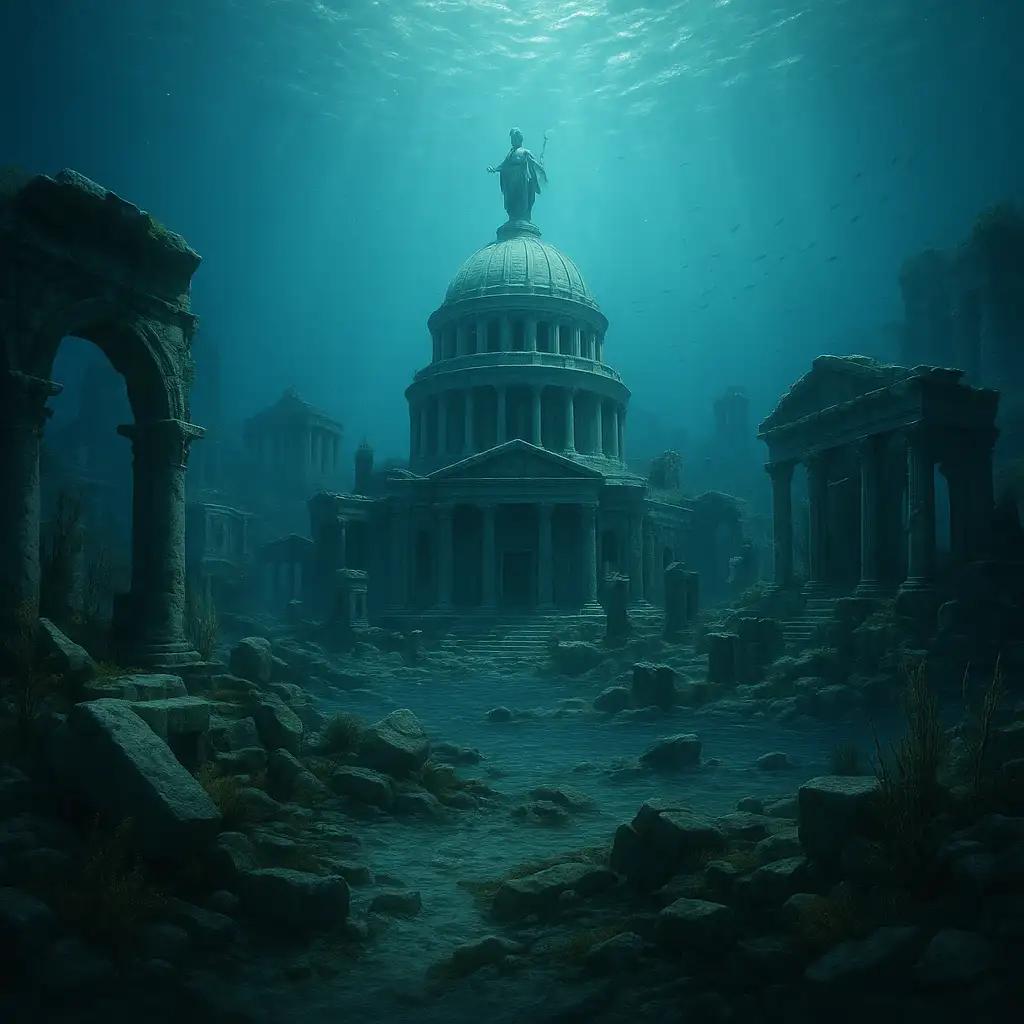 Reconstituire artistică a Atlantidei – insula circulară cu canale concentrice descrisă de Platon