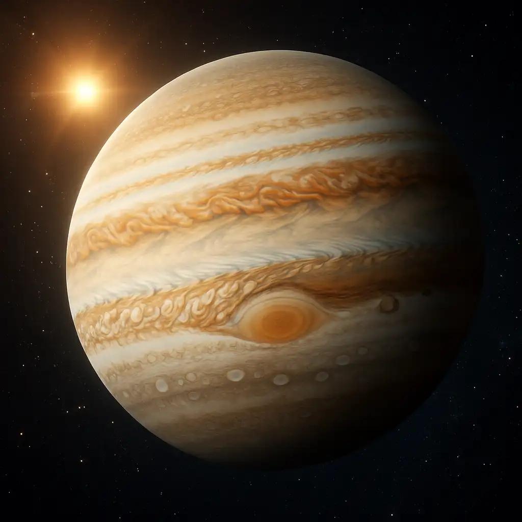 Jupiter fotografiat de sonda Juno în 2023 – vizibil Marea Pată Roșie și benzile atmosferice
