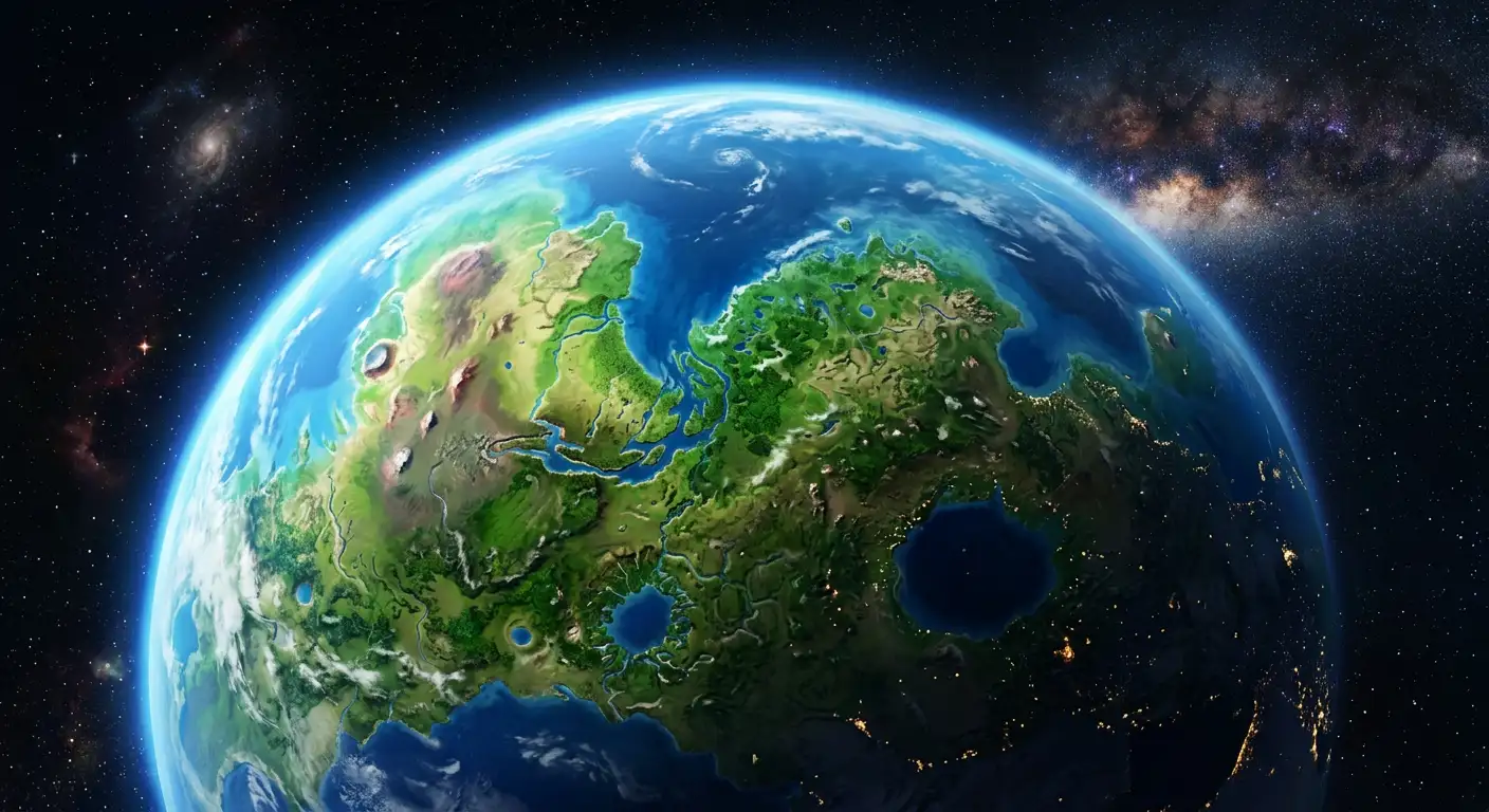 Concept artistic al planetei Marte după terraformare cu oceane albastre și vegetație verde înlocuind deșertul roșu