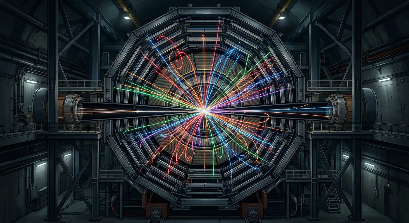 Imagine reprezentativă a detectorului CMS de la CERN cu traiectorii colorate ale particulelor dintr-o coliziune care produce bosonul Higgs